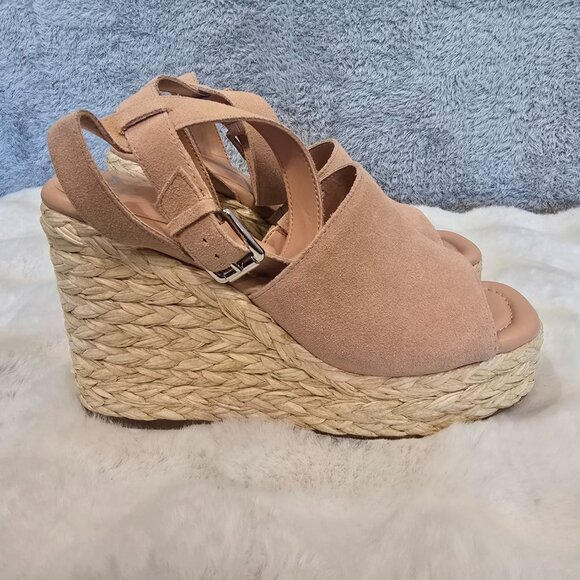 Marc Fisher LTD Nelly Ankle-Strap Suede Wedge Espadrilles Pale Blush Size 10 - Picture 4 of 9